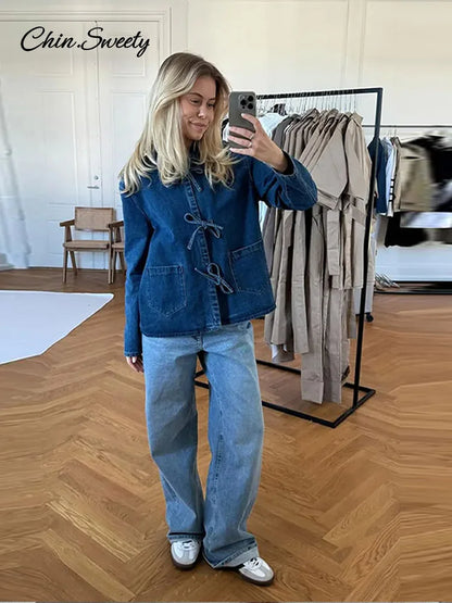Camisa vaquera con cordones para mujer, blusa holgada de manga larga con solapa y cuello alto, primavera 2025
