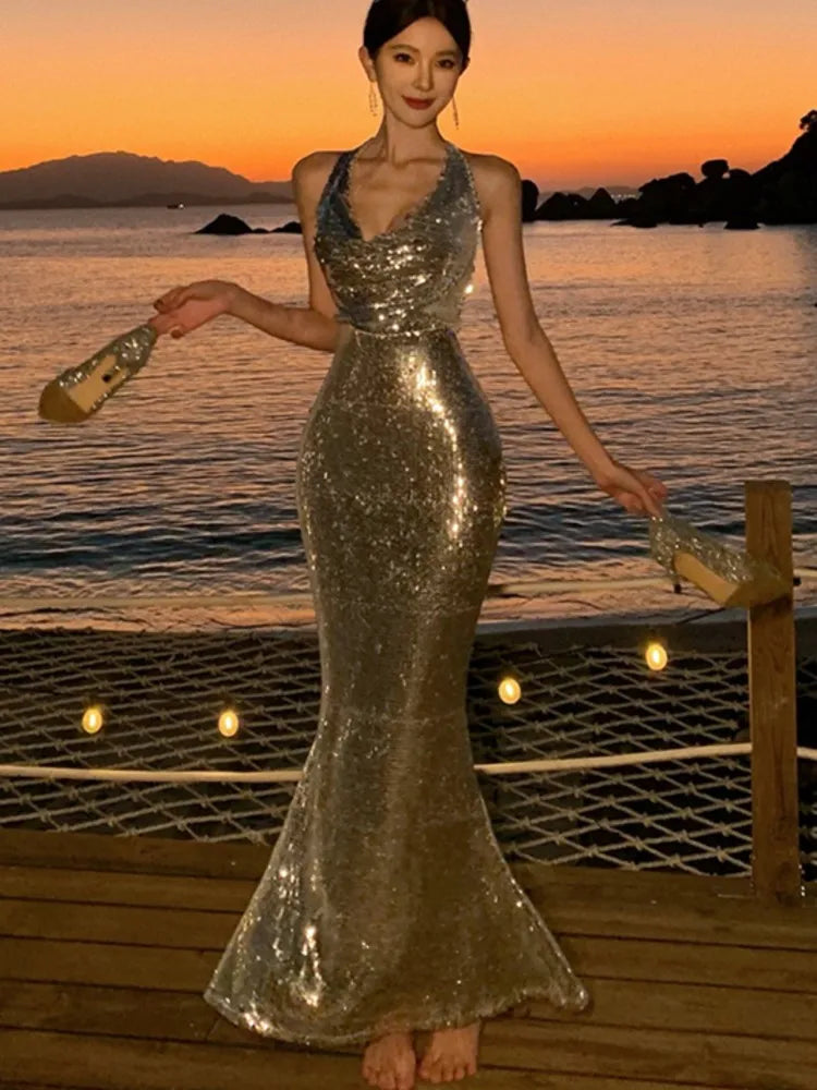 Vestido de fiesta de noche sexy ajustado con lentejuelas, escote en V, espalda descubierta, sin mangas, para boda, sirena, largo, nuevo