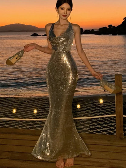 Vestido de fiesta de noche sexy ajustado con lentejuelas, escote en V, espalda descubierta, sin mangas, para boda, sirena, largo, nuevo