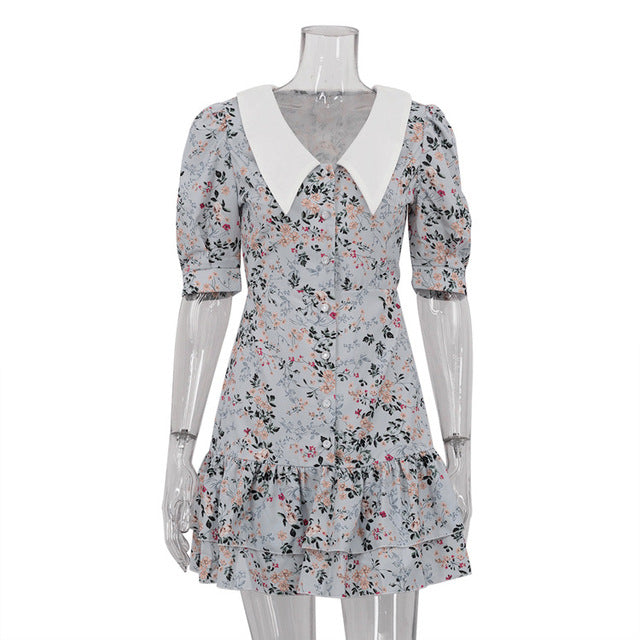 Vestido mini floral de manga corta para mujer, elegante vestido francés con cuello vuelto, vestidos de cintura alta a la moda para mujer