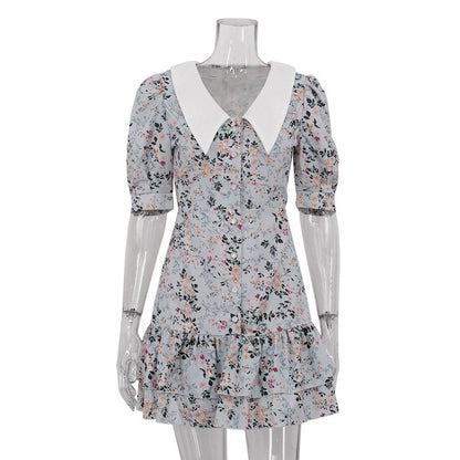 Vestido mini floral de manga corta para mujer, elegante vestido francés con cuello vuelto, vestidos de cintura alta a la moda para mujer