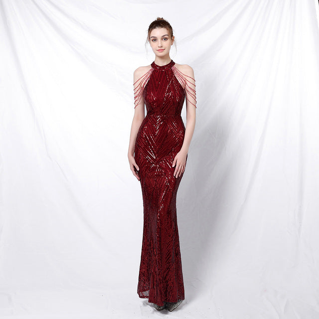 Vestido de noche elegante con cuello halter y lentejuelas, falda a la cadera con borlas de cristal, sin mangas, liso, con decoración de diamantes de imitación, vestido largo para mujer
