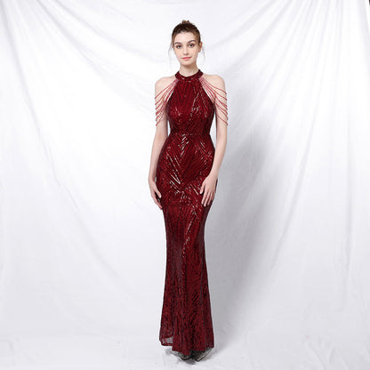 Vestido de noche elegante con cuello halter y lentejuelas, falda a la cadera con borlas de cristal, sin mangas, liso, con decoración de diamantes de imitación, vestido largo para mujer