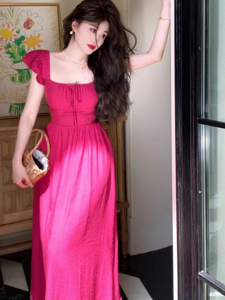 Elegante vestido midi vintage para mujer, novedad de verano, cuello cuadrado, cintura alta, vestido de fiesta de princesa, vestido informal de corte A para mujer