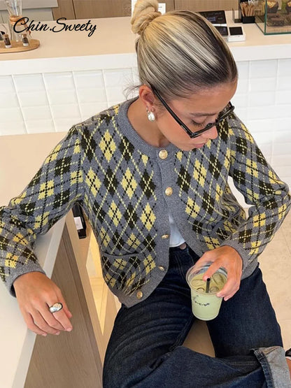 Plaid Knitted Slim Cardigan Women  Autumn O-neck Long Sleeve Metal Button Short Sweater Coat Lady All-matching Knitwear New