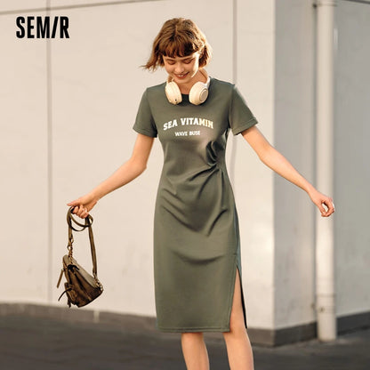 Dress Women Vintage Casual Midi Dress  Summer New Letter Print Split T-Shirt Dress