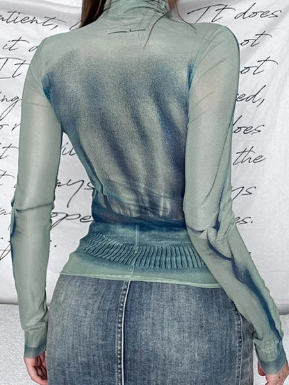 Camisas de moda de verano para mujer, blusa sexy ajustada de manga larga con cuello alto Y2k, ropa informal de malla con estampado de patchwork, ropa de calle para mujer