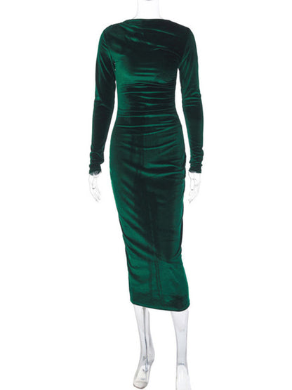 Elegante vestido maxi sexy de terciopelo de manga larga para mujer Otoño Invierno Nueva moda Cuello redondo Bodycon Club Fiesta Vestido largo