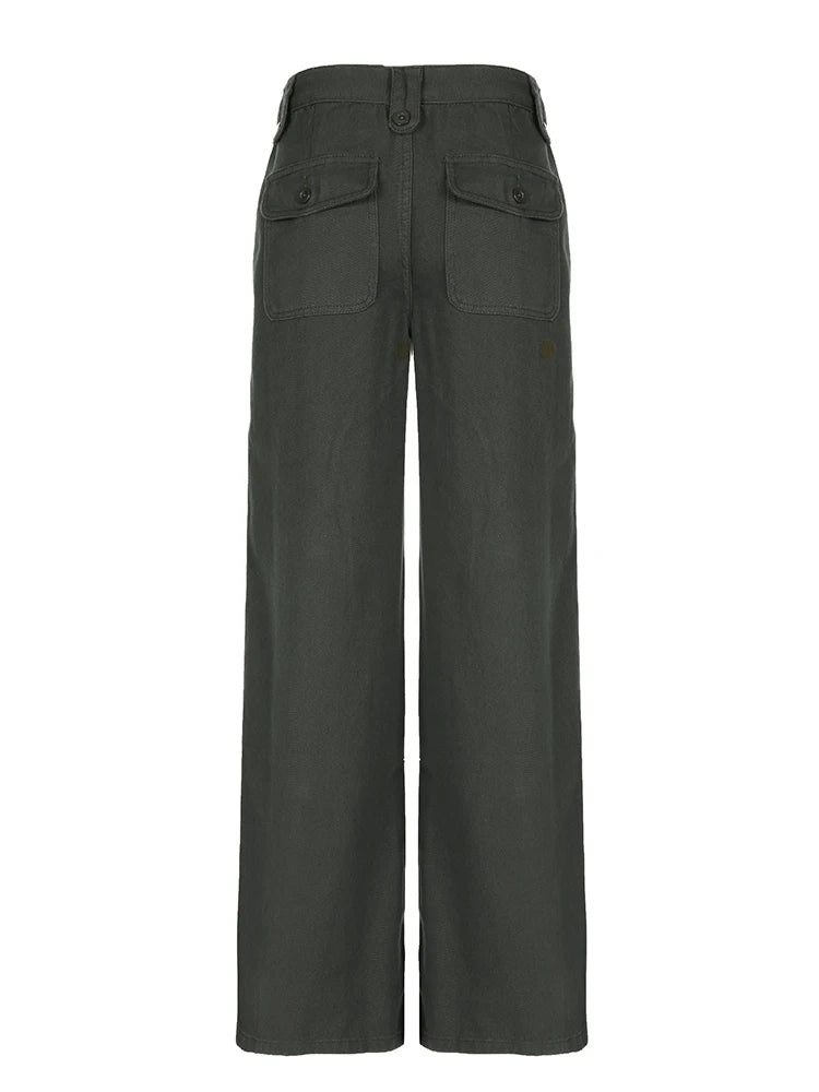Sweetown - Vaqueros rectos de tiro bajo verdes retro para mujer, estilo urbano Y2K, con bolsillos, estilo cargo informal