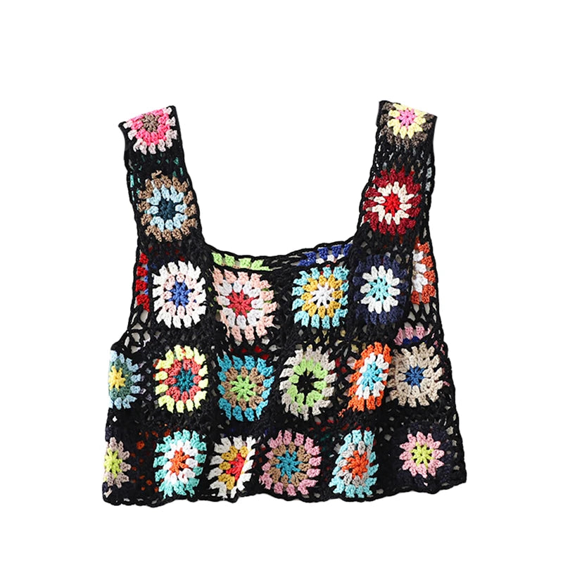 Top corto de punto de crochet de los años 2000 para mujer, camiseta sin mangas con bordado floral, chaleco Y2K, ropa de playa, ropa de calle