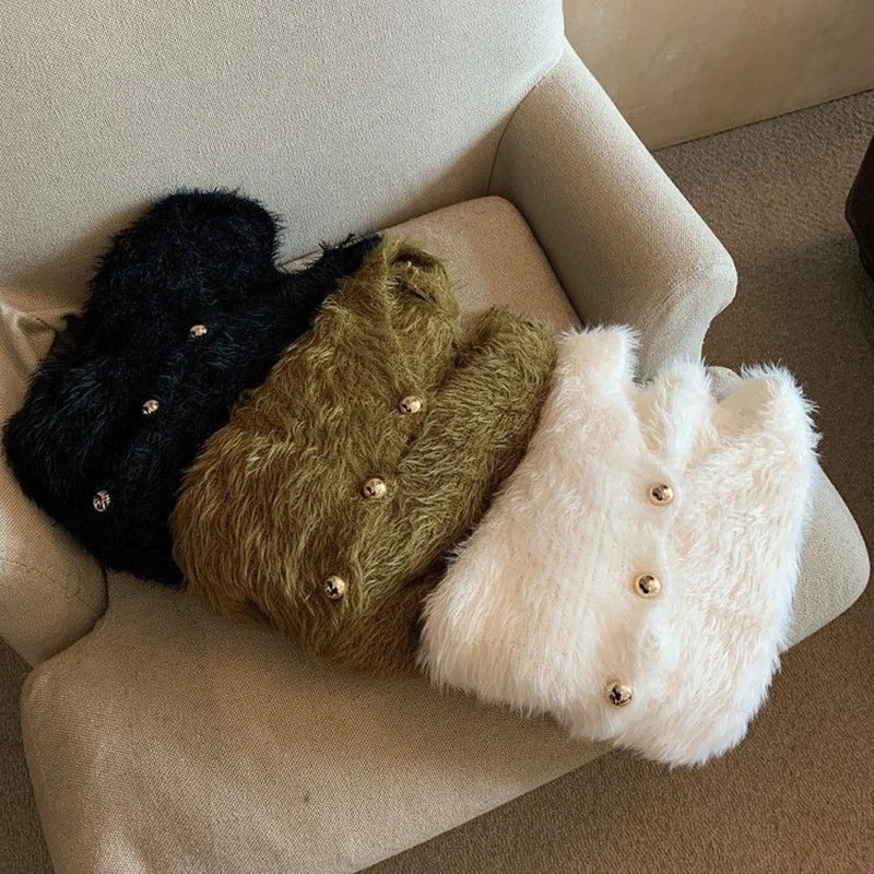 Cárdigan de punto de mohair recortado vintage para mujer, suéter con cuello en V, abrigo, ropa de calle coreana, prendas de punto en blanco y negro, jerséis ajustados sólidos, nuevo