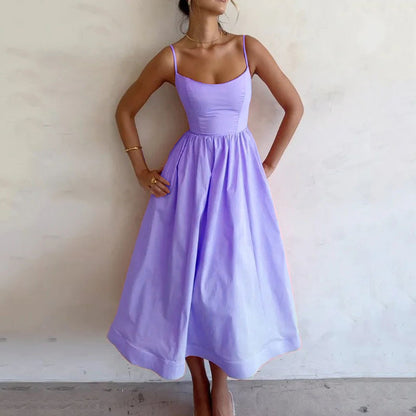 Vestido maxi sexy de corte A con tirantes finos, liso, para mujer, corte bajo, sin mangas, falda grande, vestido de verano, nueva moda, elegante, para fiesta