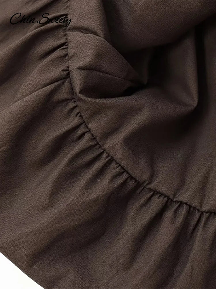 Elegant Knitted Patchwork Brown A-line Dress Women O-neck Short Sleeves Pleated Ruffles Mini Dresses 2025 Lady Solid Vestidos