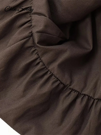 Elegant Knitted Patchwork Brown A-line Dress Women O-neck Short Sleeves Pleated Ruffles Mini Dresses 2025 Lady Solid Vestidos