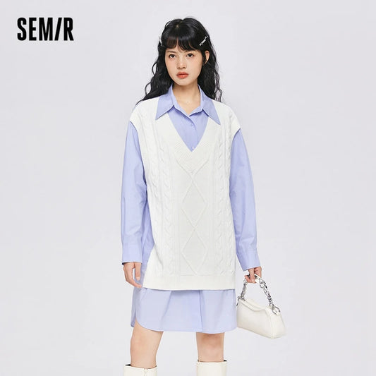 Dress Women Pointed Collar Stitching Fake Two-Piece Split  Autumn New Oversize Literary Dress Gentle