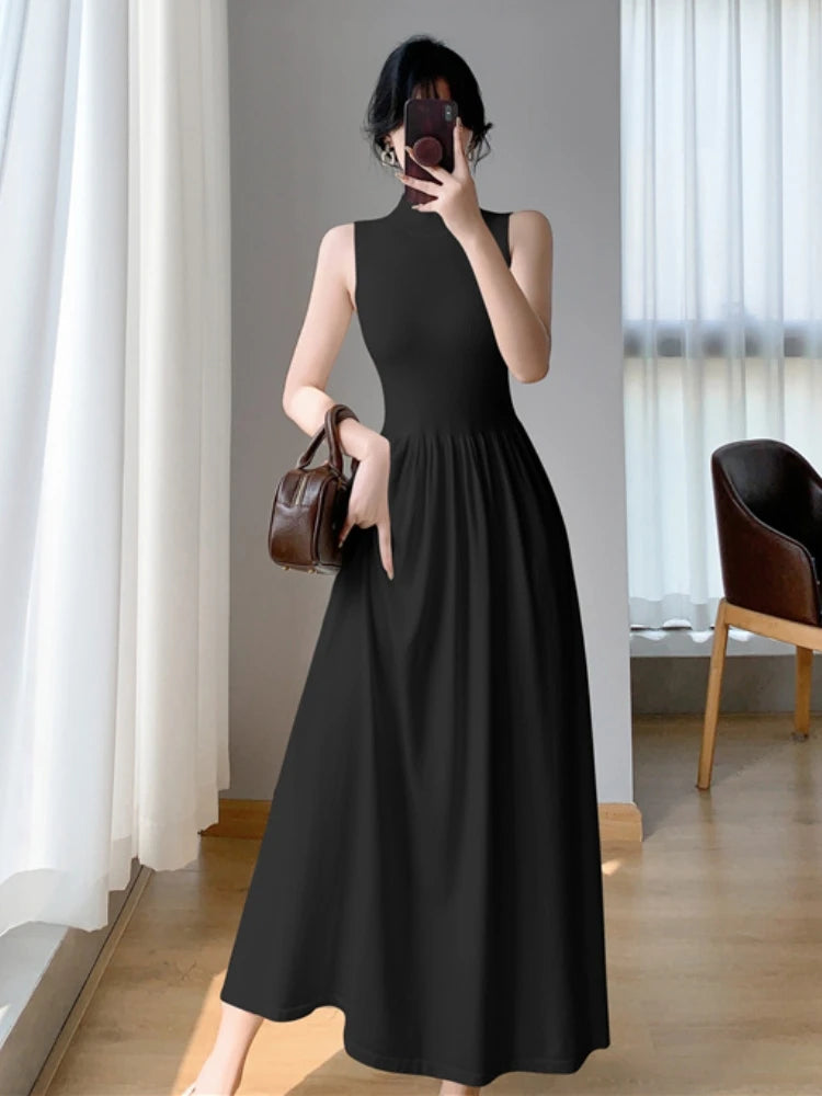 Spring Summer New Casual Elegant Sleeveless Knitted Midi Dress Slim Elegant Ladies Robe