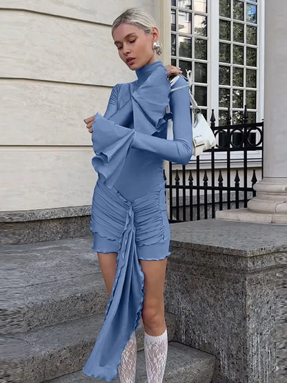 Autumn New Flare Sleeve Sexy Bodycon Dress For Women Edible Tree Fungus Irregular Splice Gown Mini Dresses Solid Color