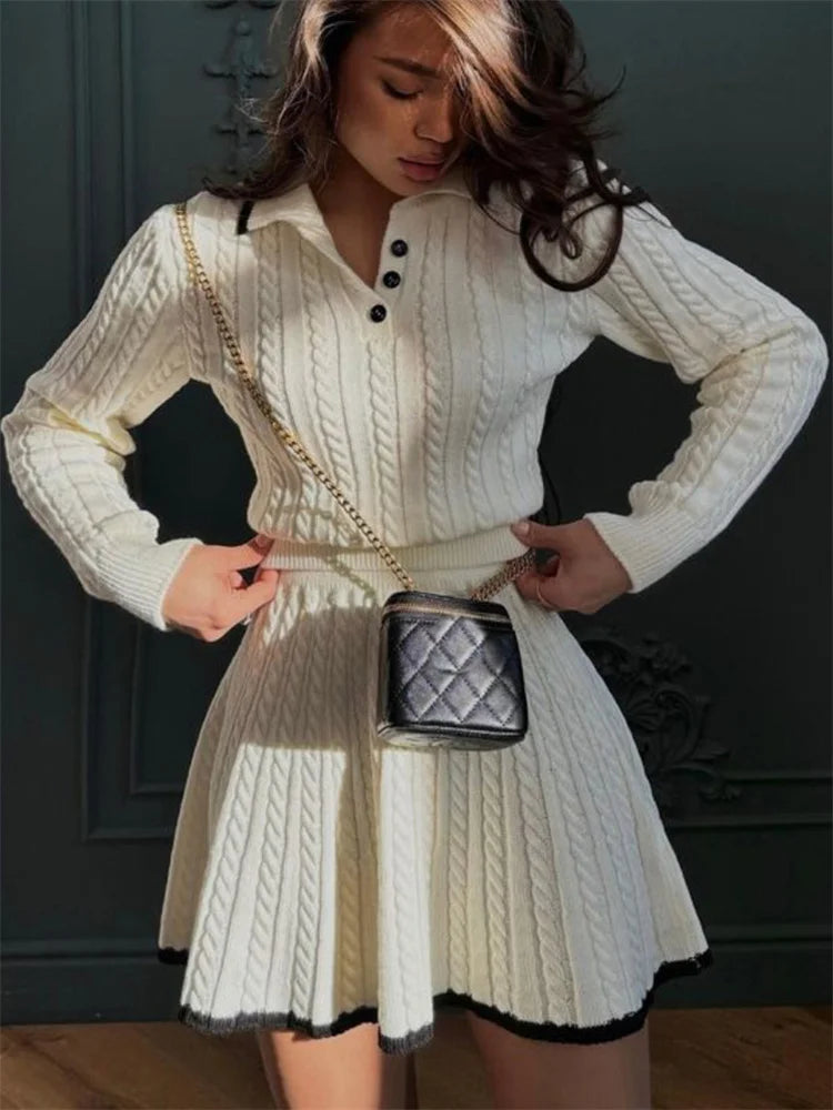 Autumn Fashion 2 Piece-Set Skirt Women’s Patchwork Contrast Long Sleeve Lapel Pullover And High Waist Mini Skirt Outfits