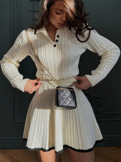 Autumn Fashion 2 Piece-Set Skirt Women’s Patchwork Contrast Long Sleeve Lapel Pullover And High Waist Mini Skirt Outfits