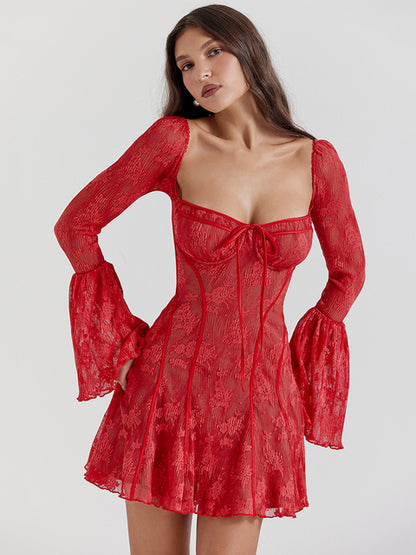 Elegante minivestido estampado de manga larga acampanada sin espalda para mujer, vestido plisado de corte A con cuello cuadrado y fiesta sexy