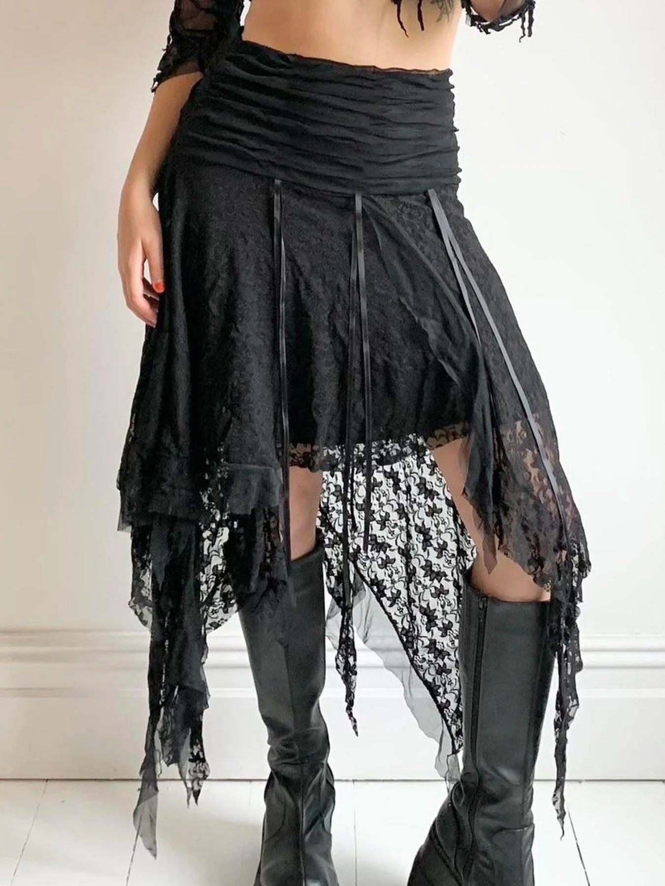 Faldas midi de encaje gótico negro liso para mujer, con dobladillo asimétrico, elegantes, para vacaciones, estilo bohemio.