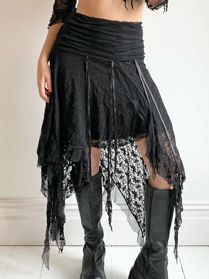 Faldas midi de encaje gótico negro liso para mujer, con dobladillo asimétrico, elegantes, para vacaciones, estilo bohemio.