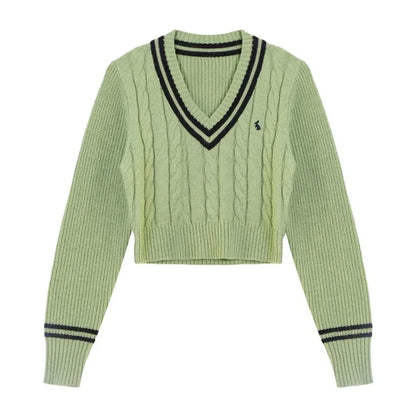Korean Fashion Sweaters Women Autumn V-neck Y2K Cartoon Embroidery Knitted Tops Winter Soft Basic Long Sleeve Pullovers