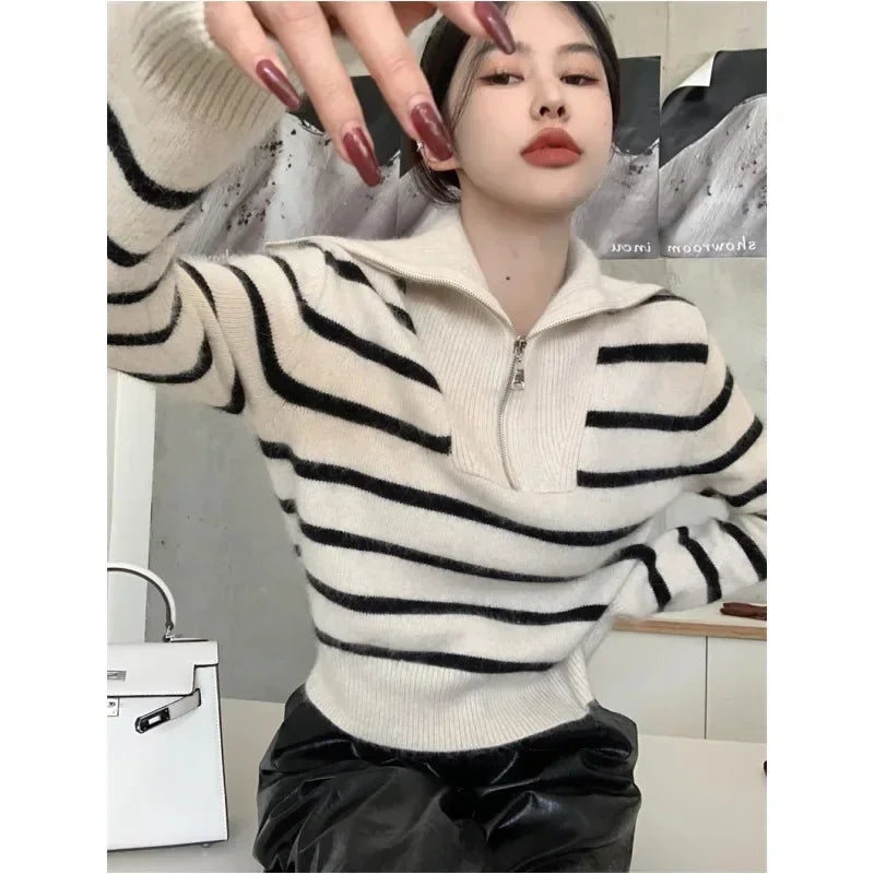 Women’s Autumn Winter New Fashion Retro Lapel Half Zipper Contrasting Stripes Sweater Casual Long Sleeved Loose Knitted Coat