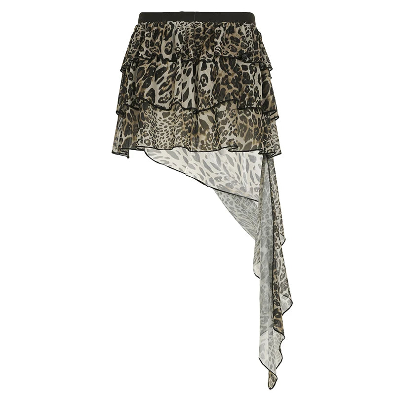 Falda de pastel irregular escalonada Hotsweet para mujer, minifalda con estampado de leopardo elegante Y2k, diseño Gyaru, nueva