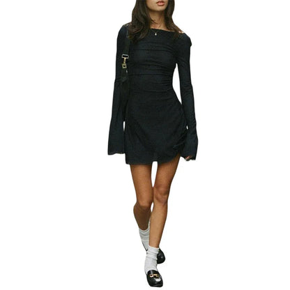 y2k Short Dress 2000s Aesthetic Women Solid Color Sheer See Through Round Neck Long Sleeve Bodycon Dress Party Dresses
