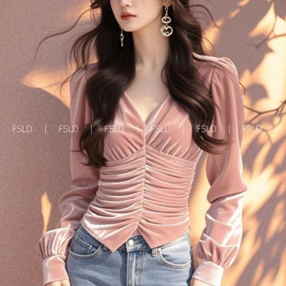 Camiseta de manga larga de terciopelo para mujer, cuello en V, informal, para jóvenes, elegante, de lujo, blusa básica, moda nueva