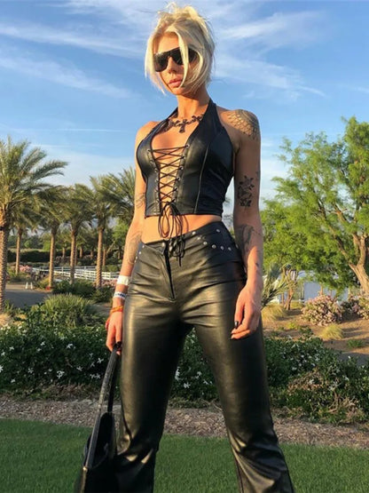Summer Fashion Sexy Solid Color Tank Top Casual PU Hollowed Out Lace-Up Section Y2k Top Slim V-Neck Sleeveless Edgy Clothes Y2k
