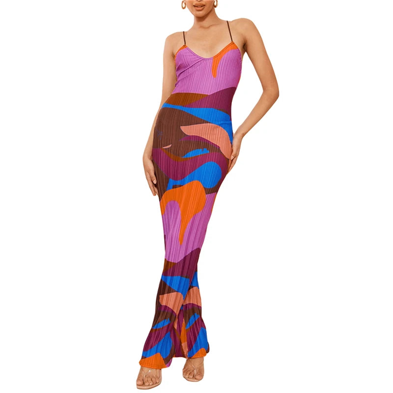 Pleated Dress for Women Floral/Tie Dye Print/Solid Color Spaghetti Strap Sleeveless Dresses Going Out Party Dresses