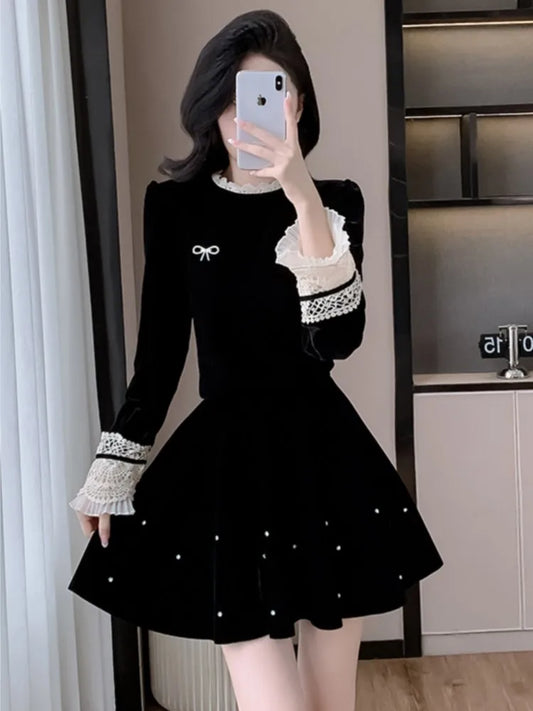 Autumn Elegant Velvet Two-piece Skirt Set Women Long Sleeve Lace Patchwork Crop Top Mini Skirt Korean Fashion Y2K Chic Outfits