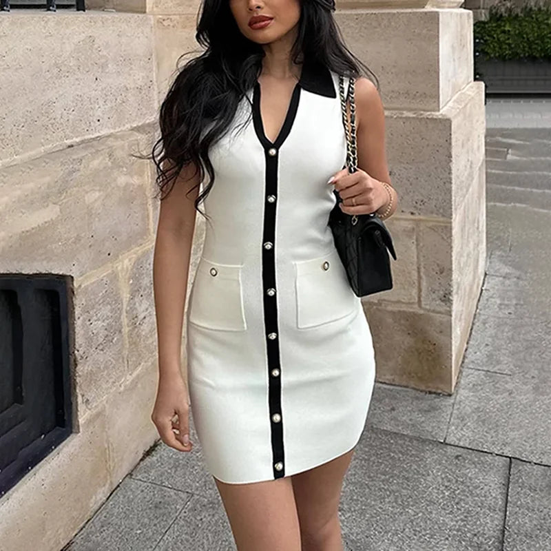 Summer New Sleeveless Knitted Mini Dress For Women Contrast Color Slim Dress Knitwear Single Breasted With Pocket Female