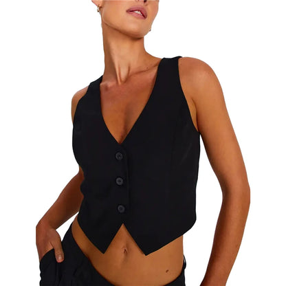 Chaleco para mujer Y2K, ropa de color sólido, corte entallado, cuello en V, sin mangas, con botones, top corto, prendas de vestir de moda