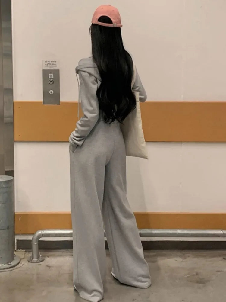 Conjunto de dos piezas de ropa de calle coreana para mujer, chándal de otoño, top corto con capucha y cremallera, pantalones largos, conjuntos casuales lisos.