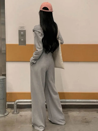 Conjunto de dos piezas de ropa de calle coreana para mujer, chándal de otoño, top corto con capucha y cremallera, pantalones largos, conjuntos casuales lisos.