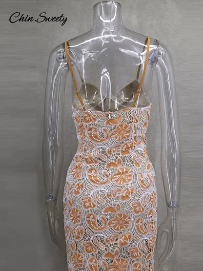 Sexy Embroidery Slip Midi Dress Women Backless Hollow Out Hip Package Zipper Dresses 2025 Spring Summer Lady Party Evening Gowns
