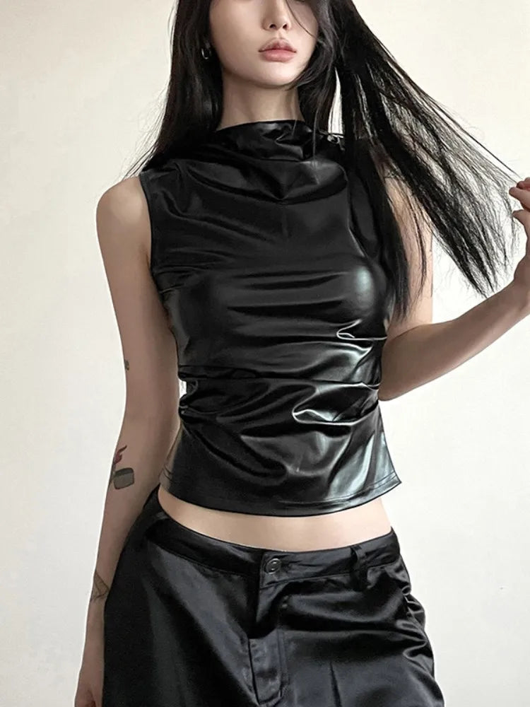 Top corto negro con pliegues para mujer, ropa de calle de moda, estilo jersey, ajustado, sin mangas, con cuello redondo, estilo femenino
