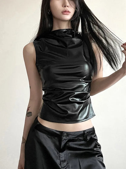 Top corto negro con pliegues para mujer, ropa de calle de moda, estilo jersey, ajustado, sin mangas, con cuello redondo, estilo femenino