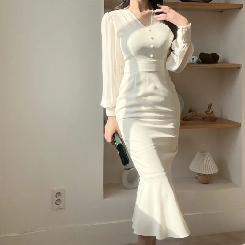 Vestidos midi ajustados de moda coreana para mujer, vestido de fiesta de sirena de oficina con cola de pez y manga larga de retazos de malla