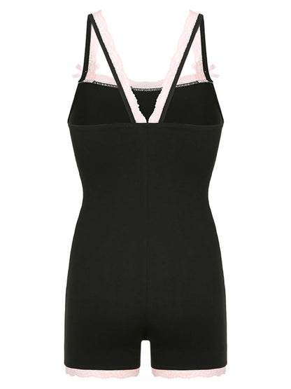 Monos ajustados y sexys con cuello cuadrado y parches de encaje en contraste para mujer, ropa bonita y estilo Y2K
