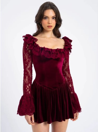 JULISSA MO Vestido mini de encaje con mangas acampanadas y retazos para mujer, vestido sexy transparente de cintura alta, vestido femenino de invierno, nuevo y elegante atuendo de fiesta