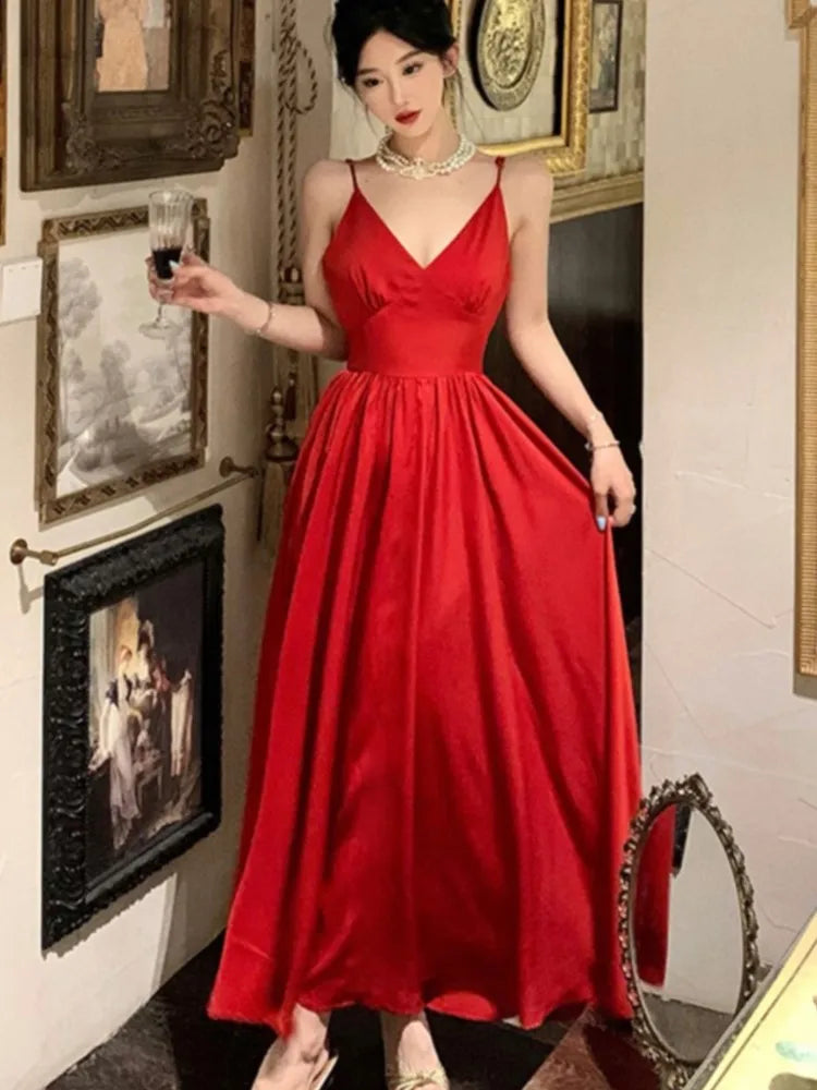Vestido de fiesta de noche sexy con tirantes finos, escote en V, corte en A, liso, vintage, largo, para mujer, boda, graduación, bata de una pieza