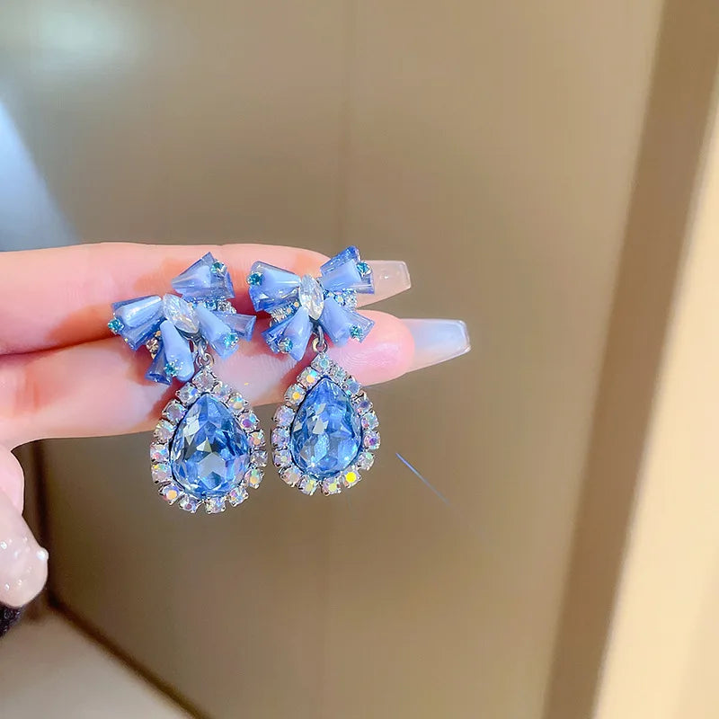 Lizakosht Minar Luxury Blue Crystal Rhinestones Bowknot Water Drop Dangle Earrings for Women Bridal Jewelry