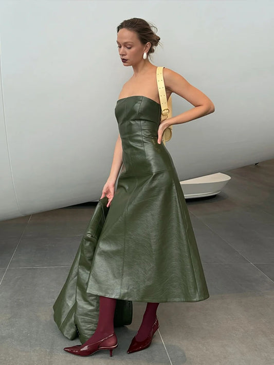 Conjunto de vestido tubo de cuero sintético para mujer, abrigo y traje, estilo vintage, liso, ajustado, largo, con solapa y chaqueta, elegantes conjuntos de calle.