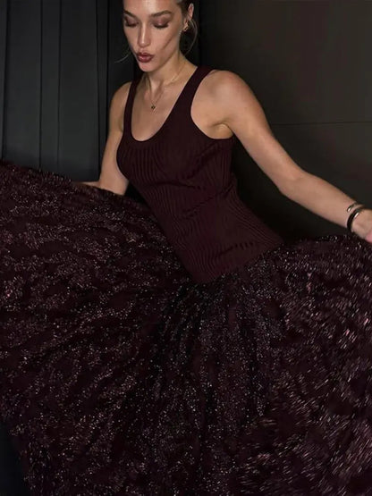 Elegant Knitted Sequin Long Dresses Women Vintage Glitter Solid O-neck Sleeveless Maxi Evening Dress Female Chic Street Party