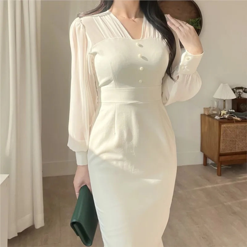 Vestidos midi ajustados de moda coreana para mujer, vestido de fiesta de sirena de oficina con cola de pez y manga larga de retazos de malla