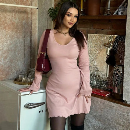 Minivestidos lisos de canalé con cuello redondo y manga larga, ropa de calle Y2K, venta al por mayor, elegante atuendo informal de verano para mujer